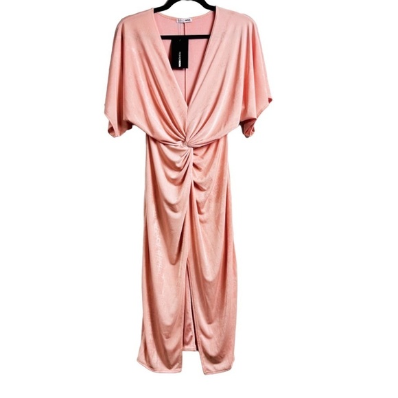 NWT Fashion Nova Sz Medium Pink V-Neck Dolman Sleeve Front Split Ruched Dress - Picture 5 of 12